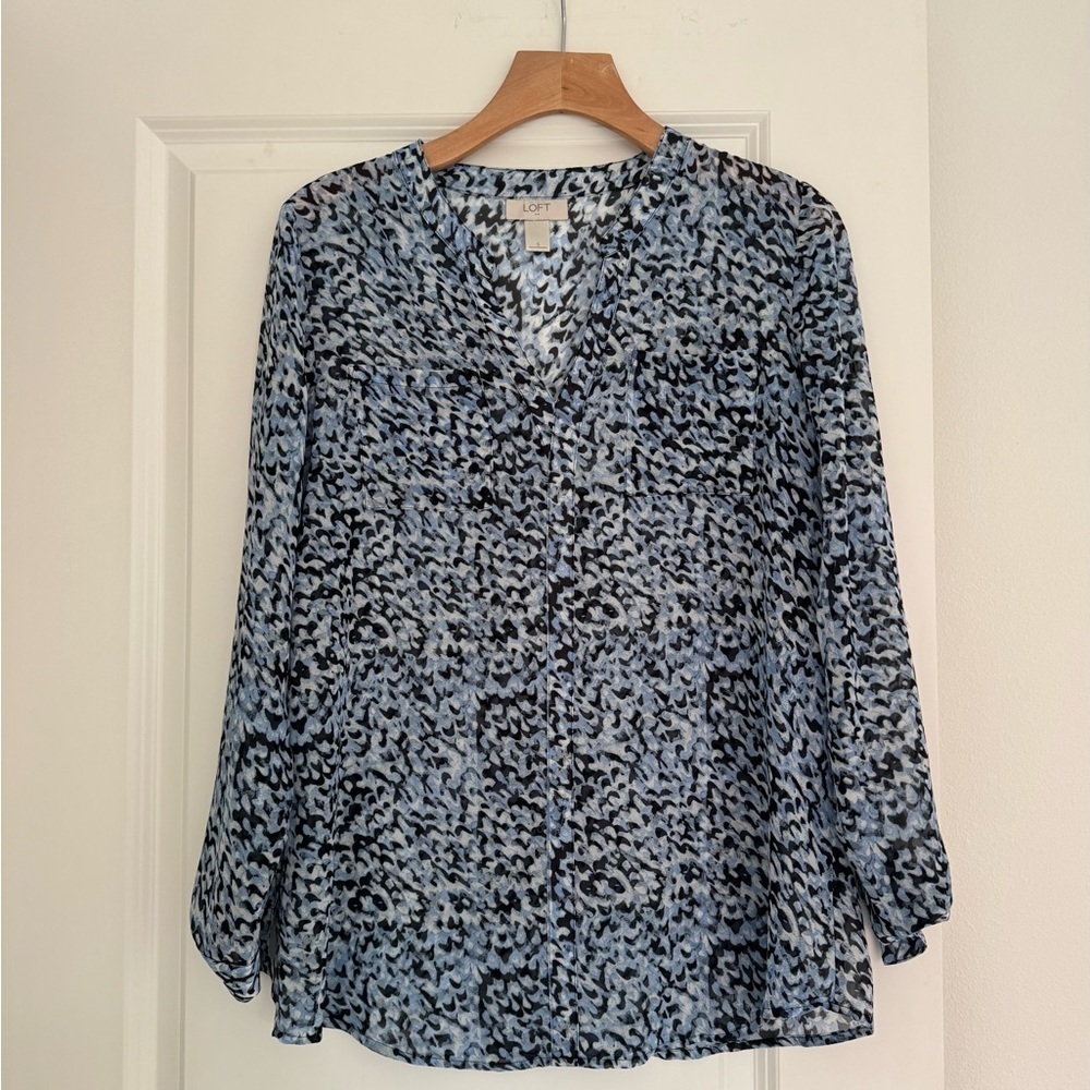 LOFT women’s blue abstract semi-sheer long sleeve tunic blouse shirt top SMALL
